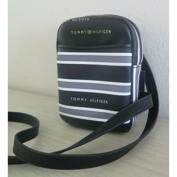 Tommy Hilfiger 69J4451 003 Black/Gray/White Striped PU Leather Crossbody Bag - Picture 1 of 7